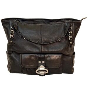 B. Makowsky Black Leather Slouchy Tote Bag Silver HW Chain Strap Leopard Lining